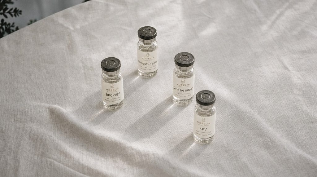Four Morelin research peptide vials on linen